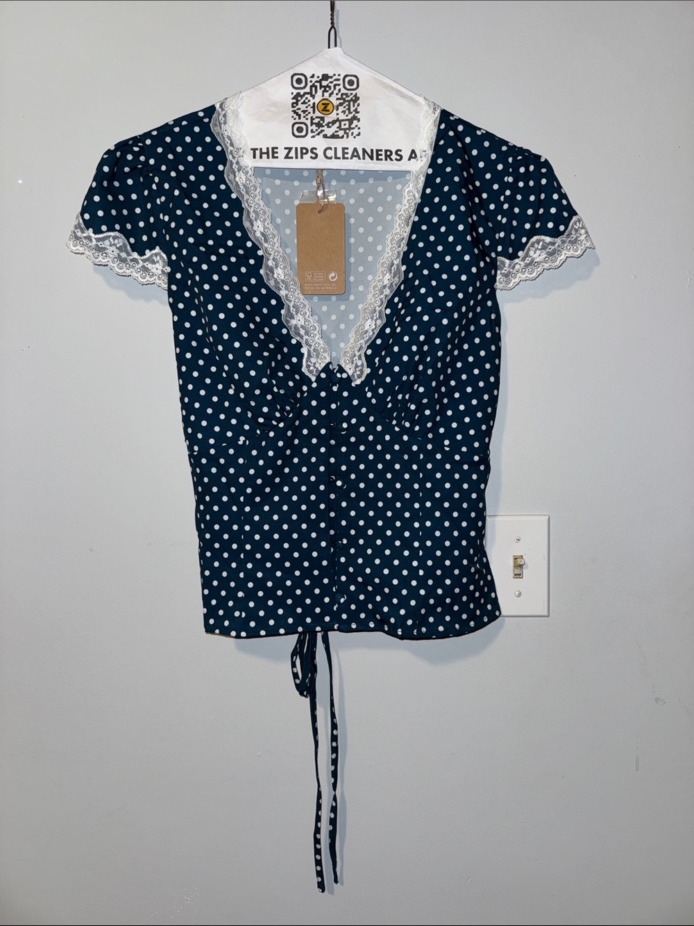 RIHOAS Navy and White Polka Dot Lace-Trim Wrap Blouse